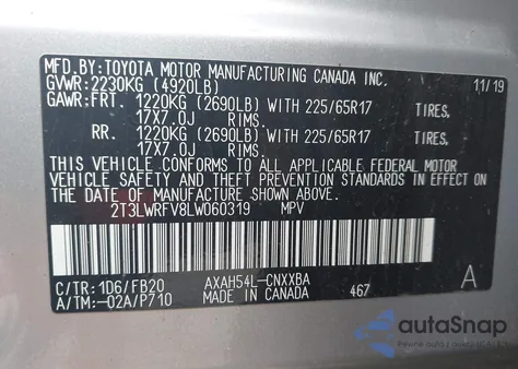 2020 Toyota Rav4 Hybrid Le из США, поврежденный, VIN 2T3LWRFV8LW060319